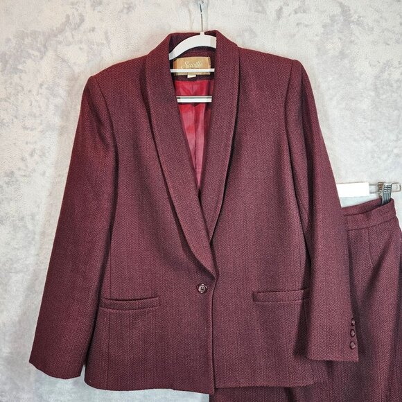 Vintage Saville Womens 8 Burgundy Wool Blazer Skirt Suit Set Career Professional - Picture 2 of 15